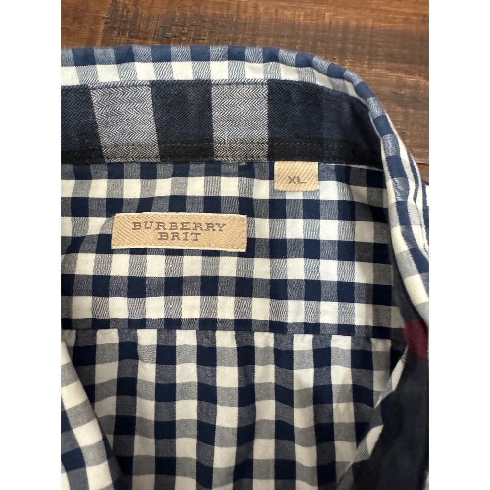 Burberry Brit Mens XL Gingham Check Button Down Shirt Navy Blue White LS